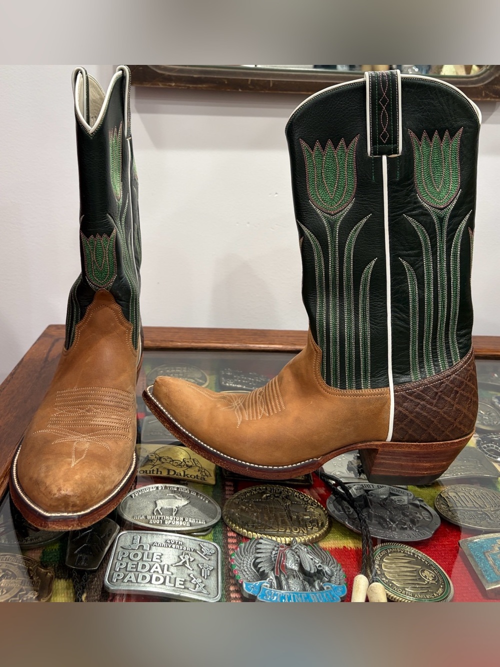 Custom Handmade Two-Tone Brown and Green Tulip Custom Cowboy Boots with elephant
